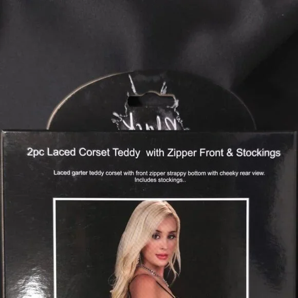 G World 2pc Laced Corset Teddy Zipper Front Stockings ONE SIZE Blackout‎ BL2177 - Picture 6 of 8